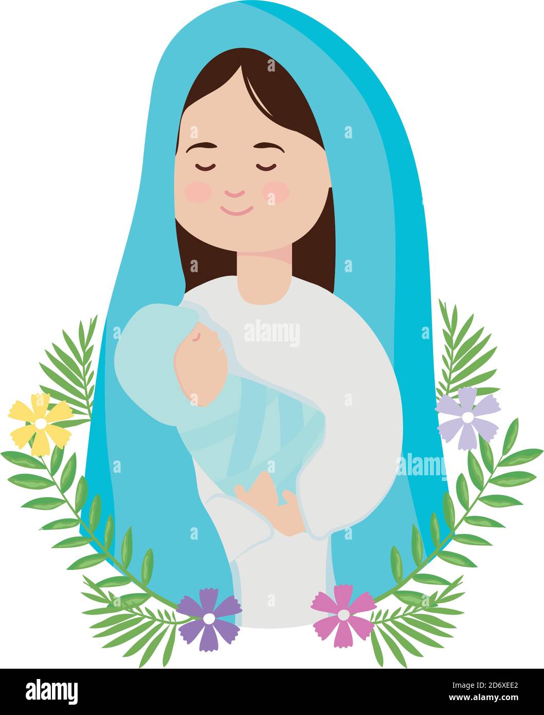 Natividad Escena Concepto Dibujos Animados Virgen Maria Sosteniendo Un Bebe Jesus En Sus Brazos Y Flores Decorativas Alrededor Sobre Fondo Blanco Estilo Plano Ilustracion Vectorial Imagen Vector De Stock Alamy