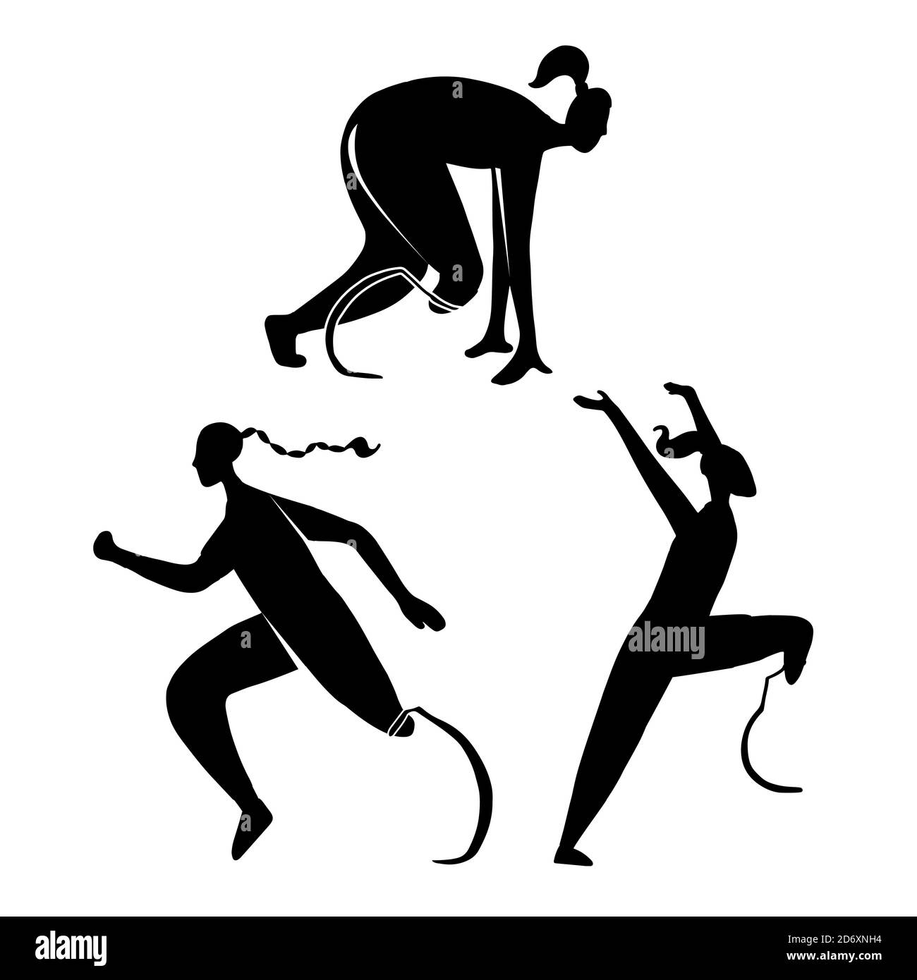 Conjunto de siluetas negras de deportistas con piernas protésicas. Mundo sin fronteras. Corredores con discapacidades. Objeto vectorial para logos, ico Ilustración del Vector