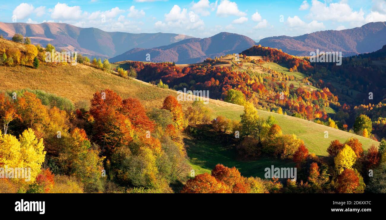 hermoso paisaje de montaña en un día soleado. maravilloso paisaje de campo en la temporada de otoño. campos rurales y árboles en el follaje colorido en la distancia Foto de stock