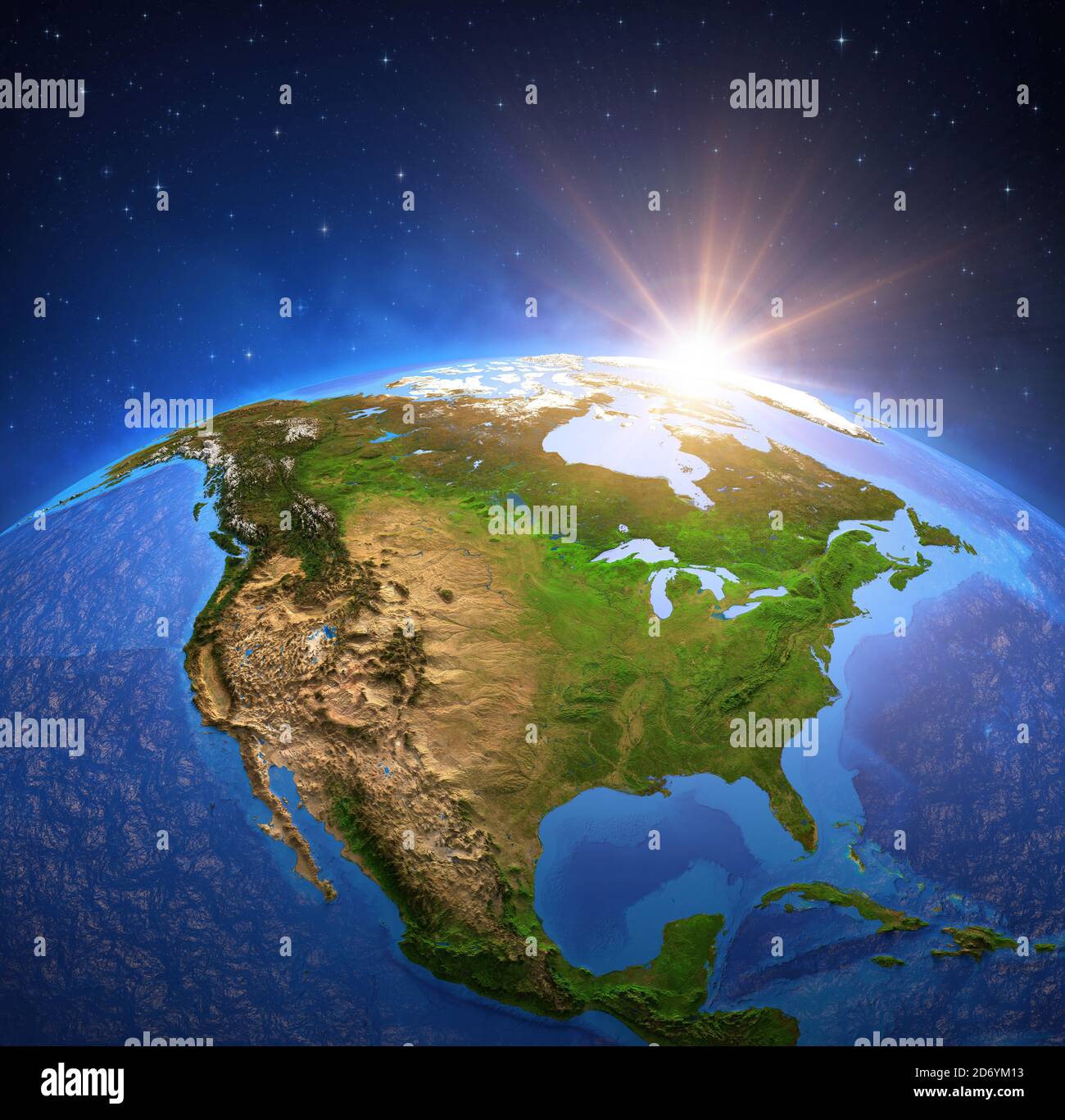 Superficie del planeta Tierra vista desde un satélite, centrado en América del Norte, el sol que se eleva en el horizonte. Mapa físico de los Estados Unidos de América y Canadá Foto de stock