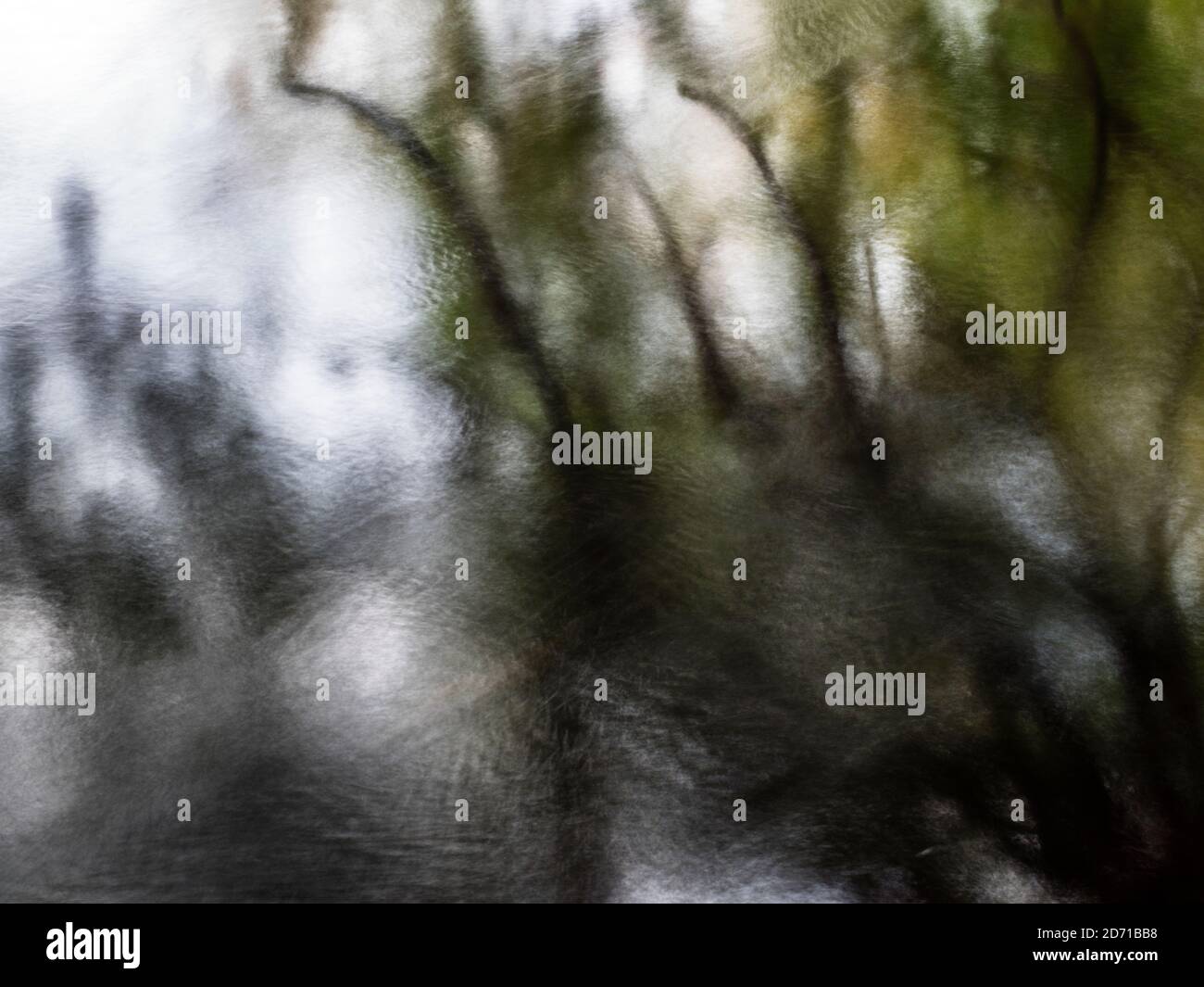 Reflexiones abstractas en el río Nidd de los árboles de otoño en Nolish Wood en Knaresborough North Yorkshire Inglaterra Foto de stock