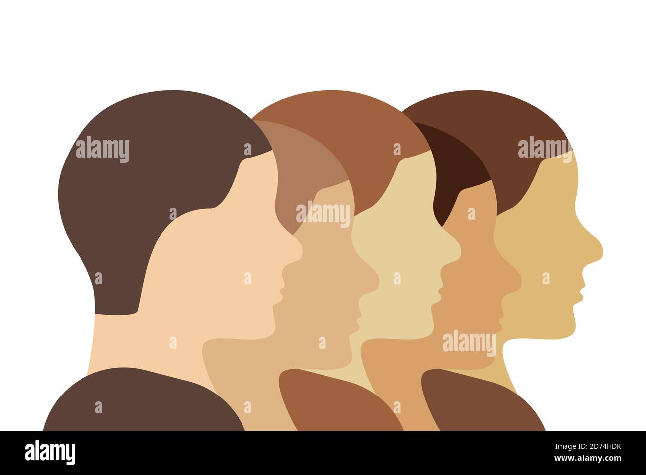 Grupo étnico caucásico (blanco) personas ilustración. Perfiles de cabezas humanas en una fila mostrando diversidad y unidad. Vector de arte lineal. Ilustración del Vector