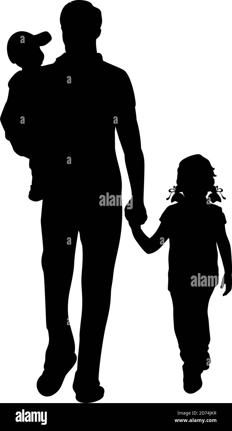 Silueta de padre caminante con dos hijos de la espalda Imagen Vector de