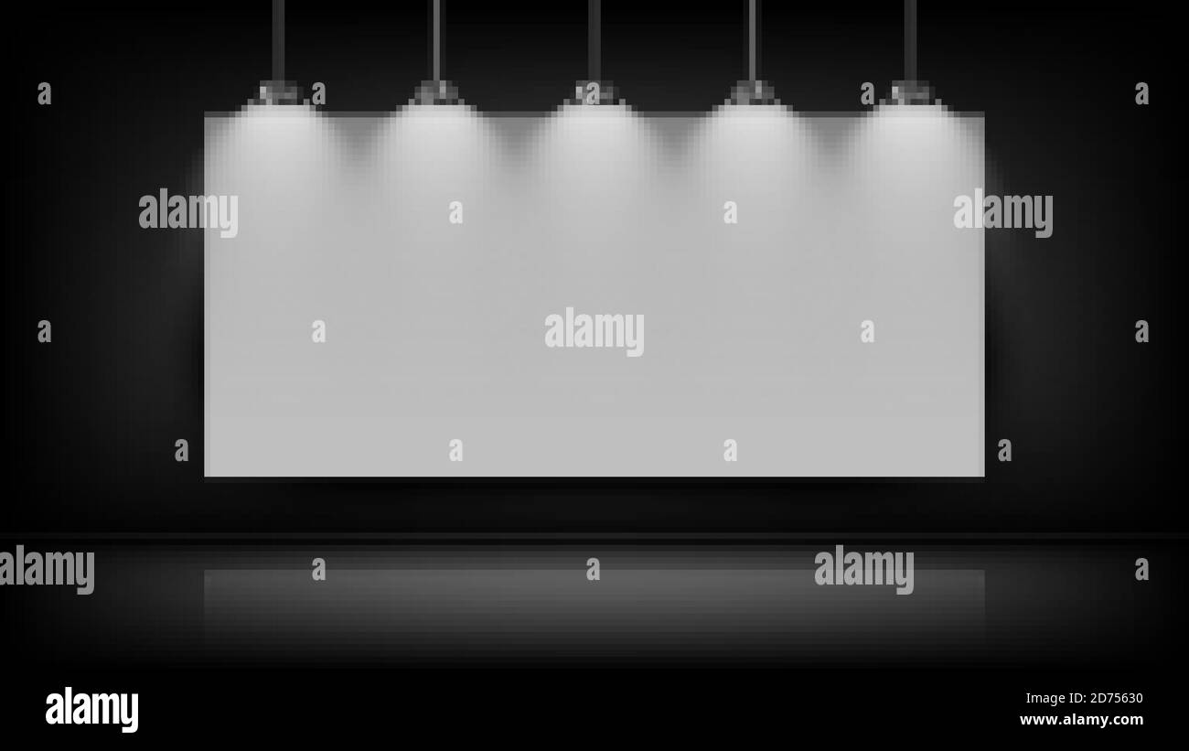 Vaciar la placa blanca mockup en la pared negra con la bombilla en la parte  superior, ilustración vectorial Imagen Vector de stock - Alamy