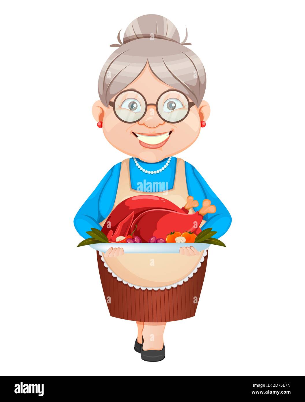 Feliz día de Acción de Gracias. Personaje de dibujos animados abuela  sosteniendo pavo asado. 8 de marzo, Feliz día de los abuelos. Mujer vieja y  linda. Ilustración vectorial Imagen Vector de stock -