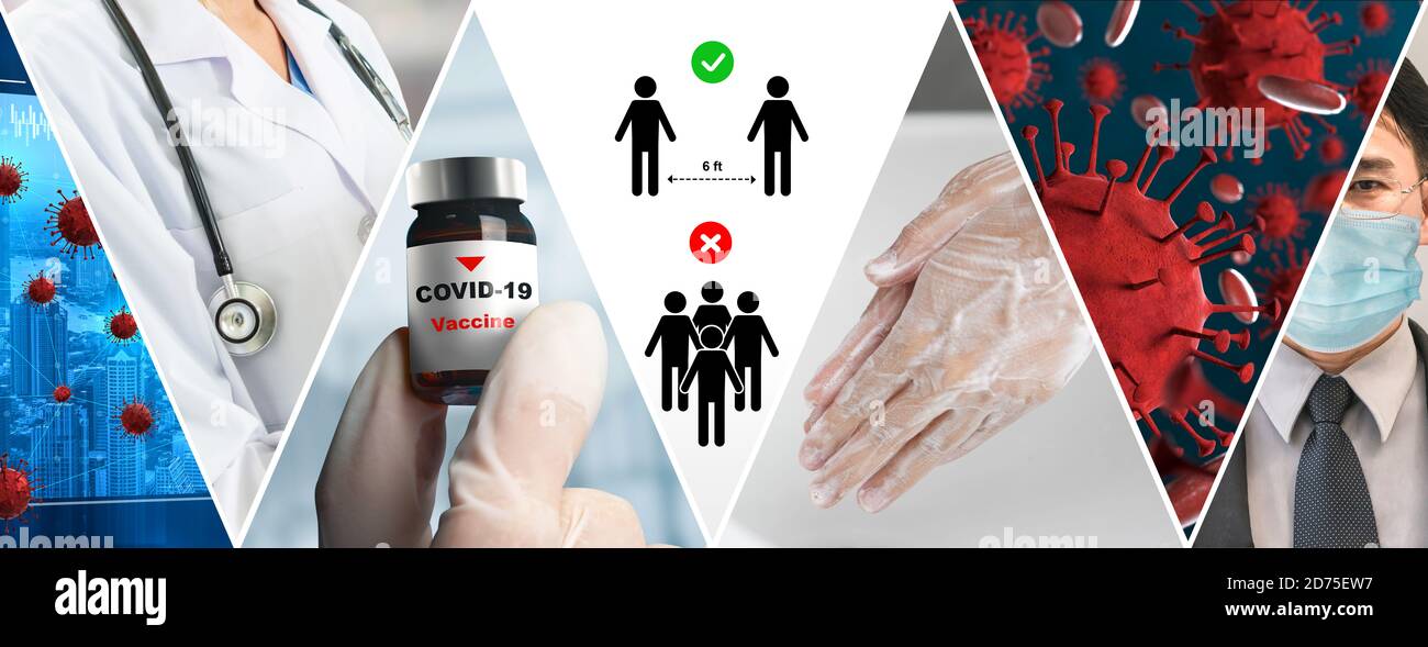 Coronavirus COVID-19 noticia resumen foto conjunto en concepto de covid-19 efectos en la vida de las personas comportamiento, la economía, el servicio social y médico causado Foto de stock