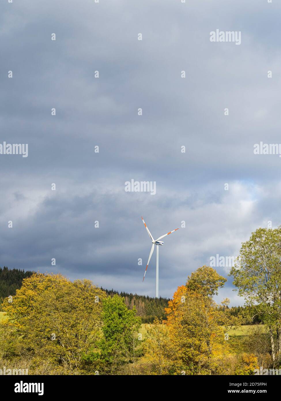 Un solo molino de viento detrás de algunos árboles de follaje de otoño iluminado por el sol bajo un cielo nublado. Weidenhausen, NRW, Alemania. Foto de stock
