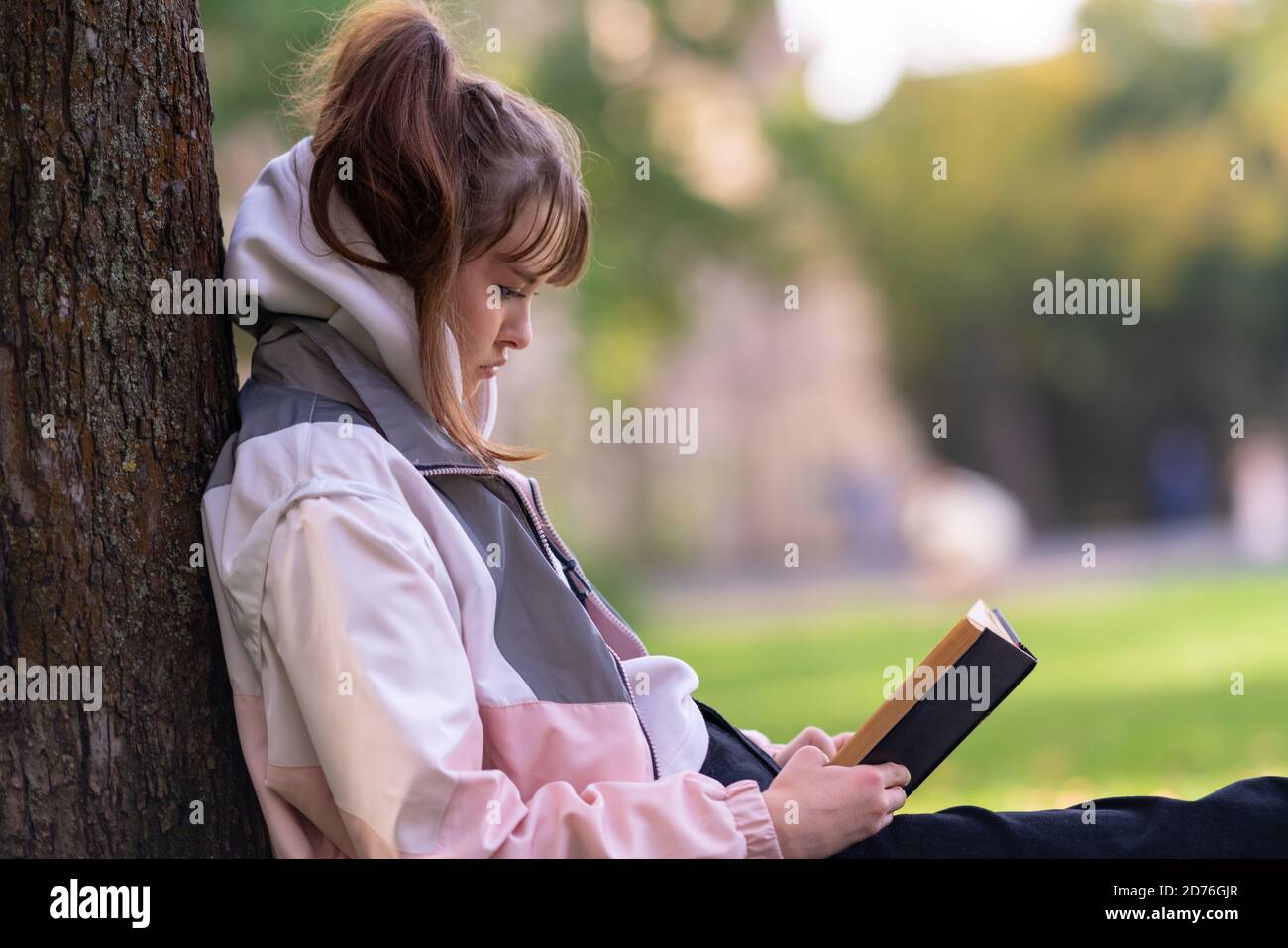 Perfil de una mujer joven leyendo un libro al aire libre bajo un árbol sombreado sentado apoyado contra el tronco en un lo más moderno Foto de stock