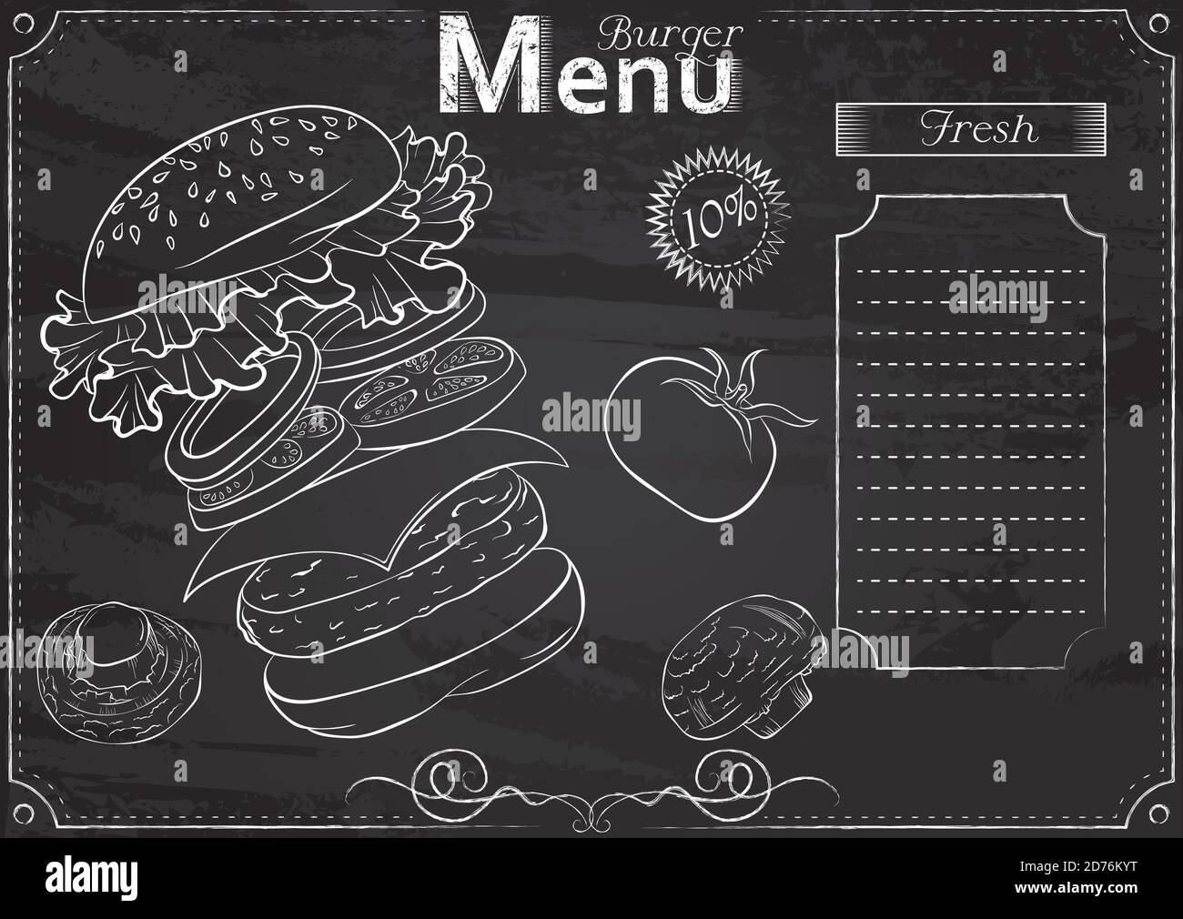 Plantilla vectorial con elementos de hamburguesa para menú estilizada como  dibujo de tiza en pizarra.Diseño para un restaurante, cafetería o bar.  Ilustración de la vida fija. Menú de comida rápida Imagen Vector