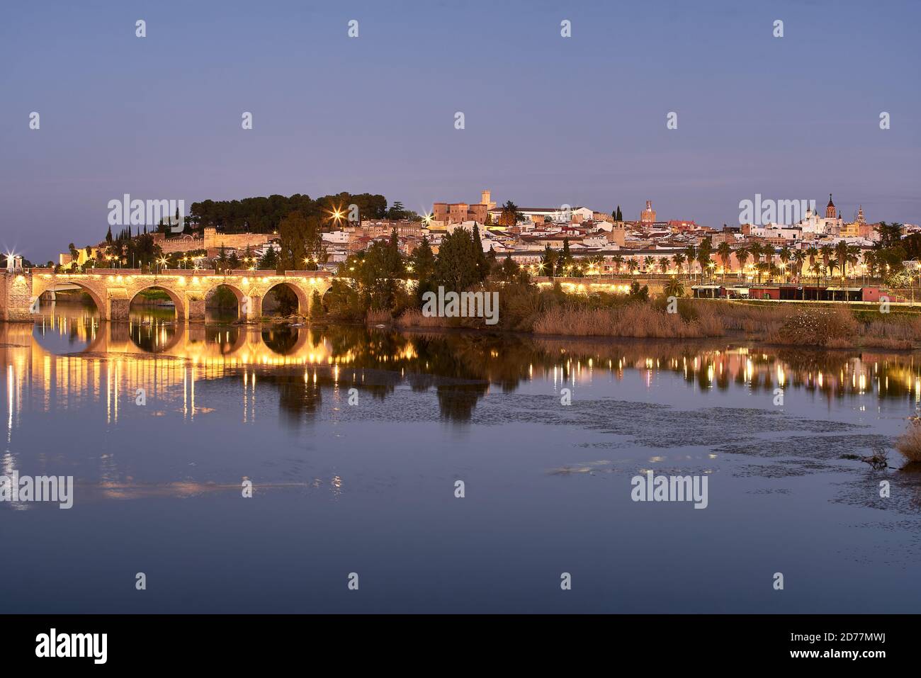 Badajoz ciudad por la noche con el río Guadiana en España Foto de stock