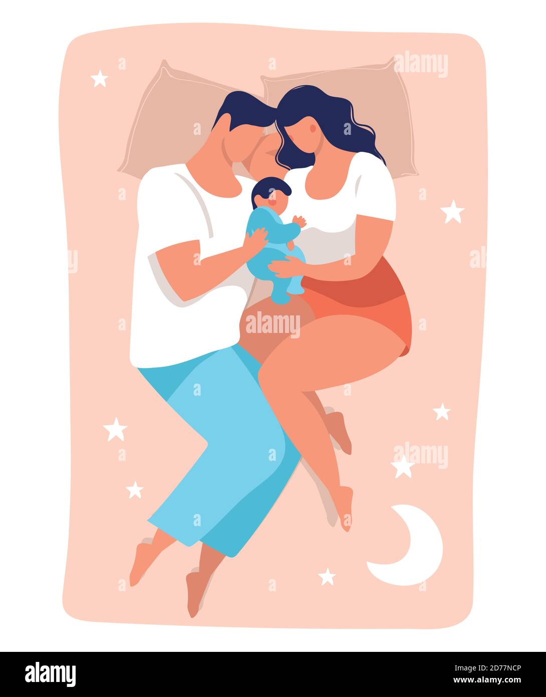 Una familia joven duerme con un niño. Papá y mamá están durmiendo en la cama  abrazando al bebé. Ilustración de vector plano aislada sobre fondo blanco  Imagen Vector de stock - Alamy
