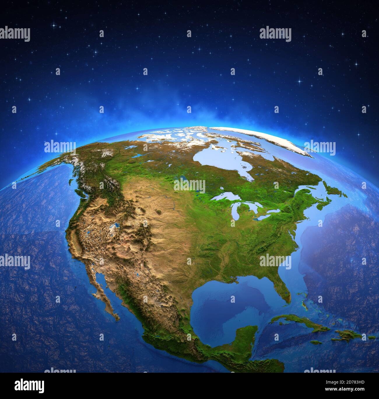 Superficie del planeta Tierra vista desde un satélite, centrado en América del Norte. Mapa físico de los Estados Unidos de América y Canadá. Ilustración 3D - elemento Foto de stock