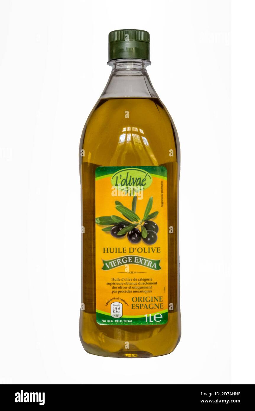 Una botella de aceite de oliva virgen extra español L'olivae. Foto de stock