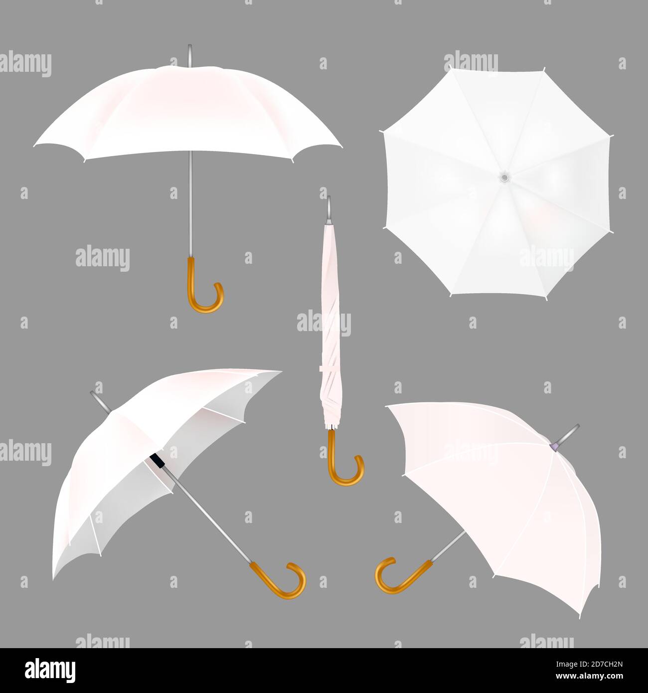 Juego de paraguas blanco, ilustración vectorial aislada sobre fondo blanco.  Sombrillas abiertas y plegadas realistas Imagen Vector de stock - Alamy