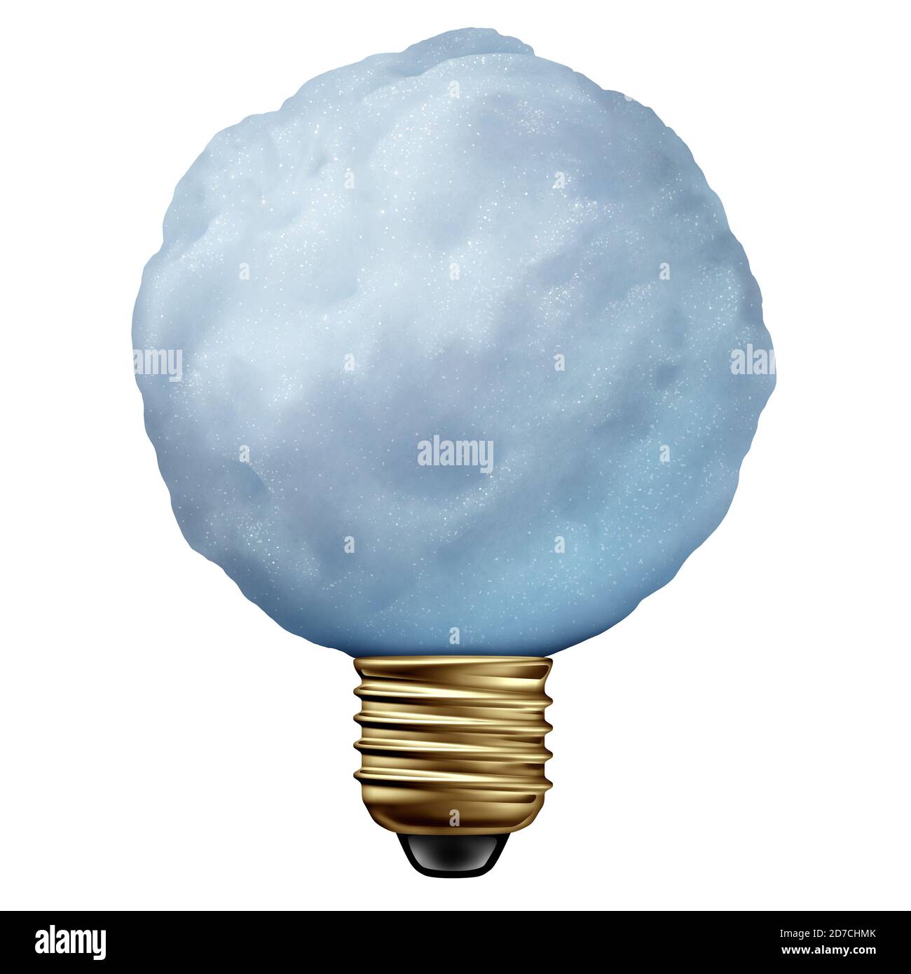 Ideas invernales como una bola de nieve creativa en forma de bombilla o bulbos de luz un cristal helado aislado sobre un fondo blanco como un símbolo para el frío. Foto de stock
