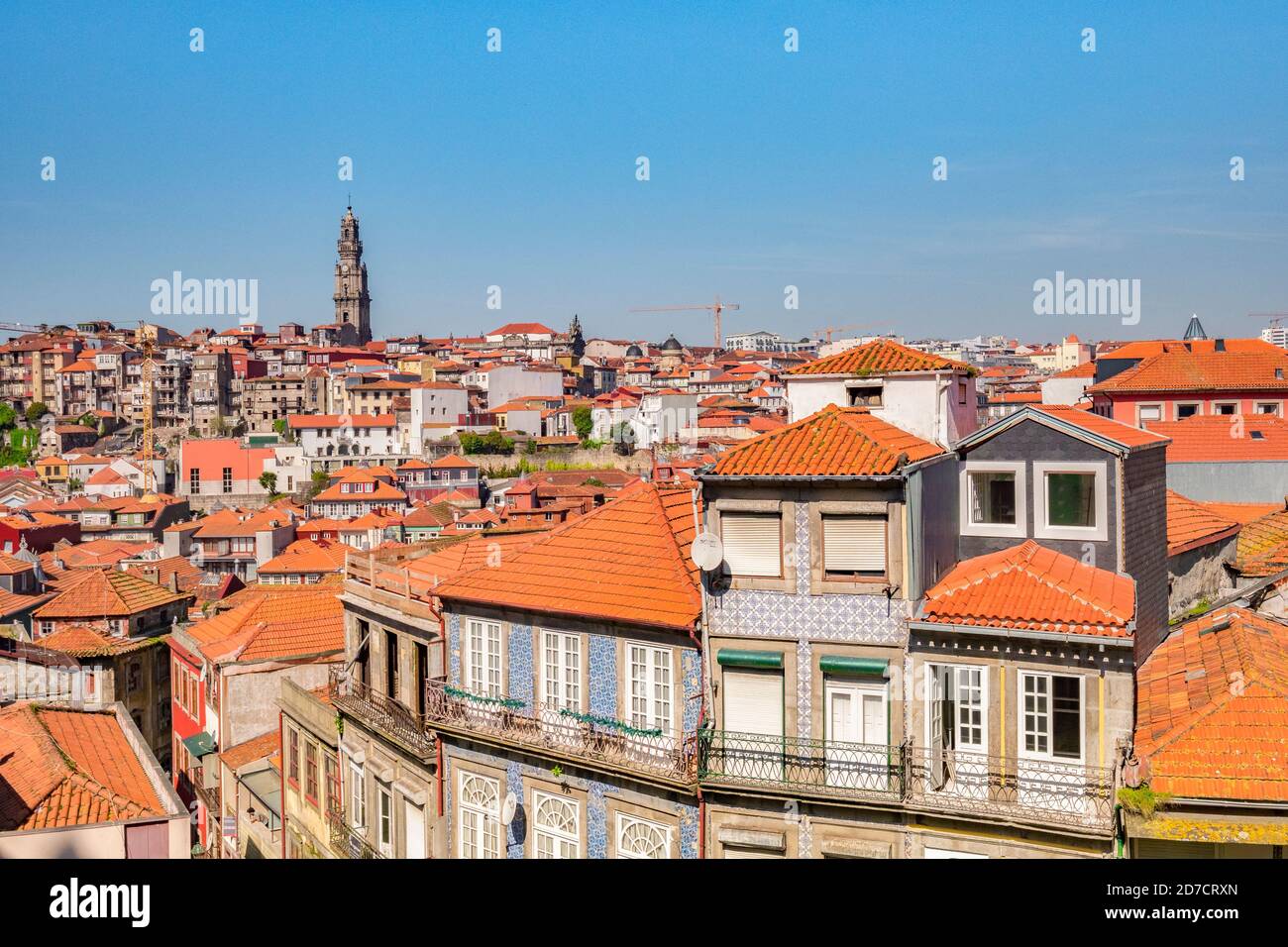 Vista a través de los tejados de Porto, Portugal, en un buen día de primavera. El horizonte está dominado por la torre de la Igreja dos Clérigos, la Iglesia de Foto de stock