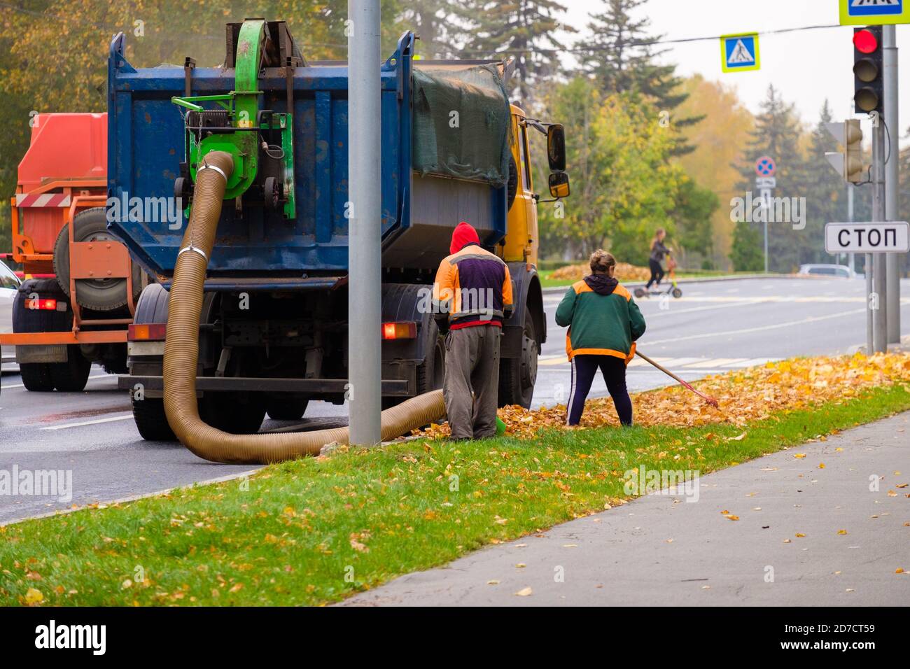 Los trabajadores de servicios públicos eliminan las hojas amarillas de  otoño con una aspiradora industrial. Un cargador de vacío industrial carga  hojas caídas y residuos en un camión Fotografía de stock -