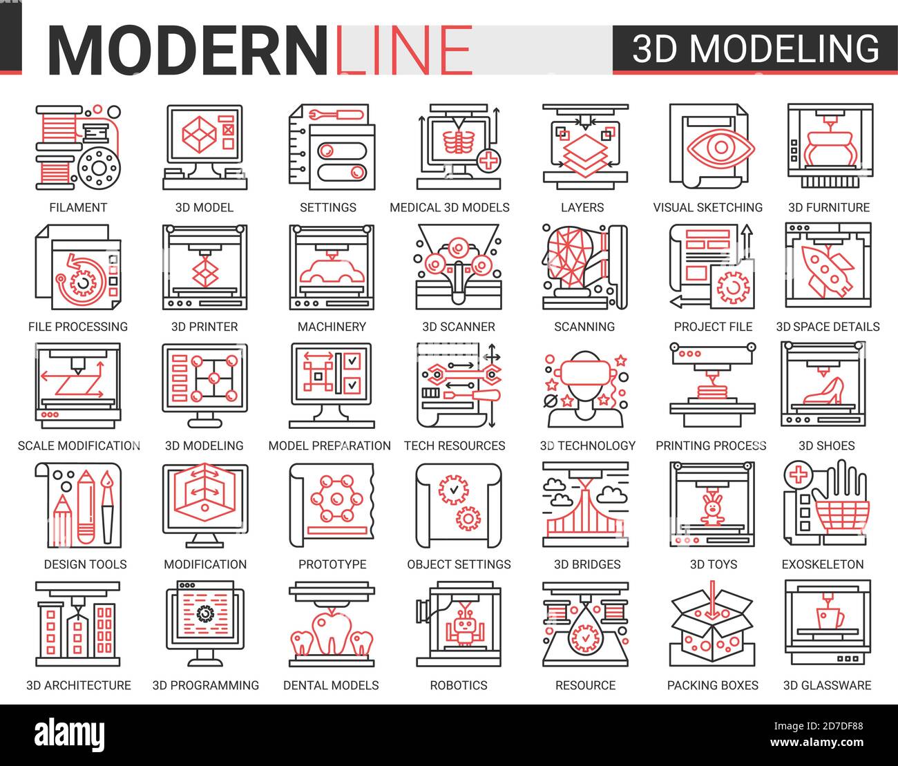 impresión 3d concepto complejo ciencia tecnología línea fina web iconos vector conjunto. Diseño creativo de línea fina en negro rojo con maquinarias de equipos de impresora de tecnología moderna, innovaciones científicas futuras Ilustración del Vector