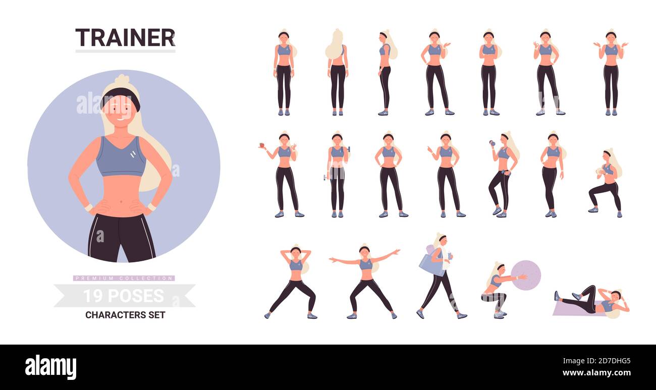 Mujer entrenador de fitness poses en el juego de ilustración vector de entrenamiento. Personaje de dibujos animados rubia con pelo largo posando, entrenando, haciendo ejercicios deportivos gimnásticos en el gimnasio con pelota, pesas aisladas sobre blanco Ilustración del Vector