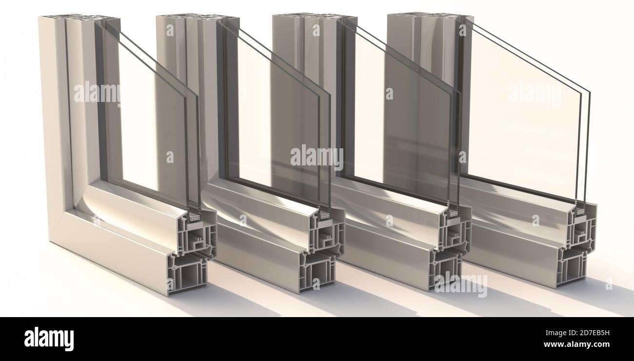 Marcos de perfil de aluminio doble acristalamiento aislado sobre fondo  blanco. Ventanas de PVC de color plata y puertas detalle sección  transversal. Ilustración 3D Fotografía de stock - Alamy