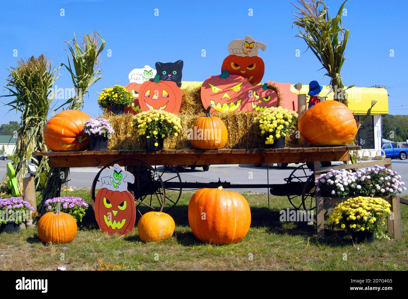 Michigan puesto de verduras del lado de la carretera con calabazas en exhibición para halloween Foto de stock