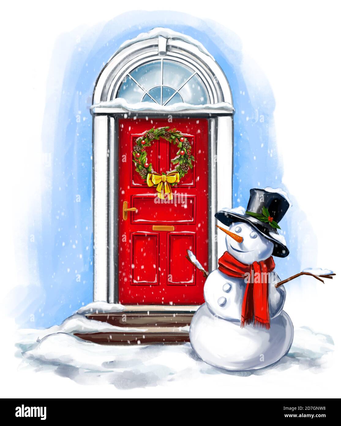 Decoración de la casa de Navidad, muñeco de nieve, guirnalda de Navidad en  la puerta en invierno, ilustración de arte pintada con acuarelas aisladas  sobre fondo blanco Fotografía de stock - Alamy