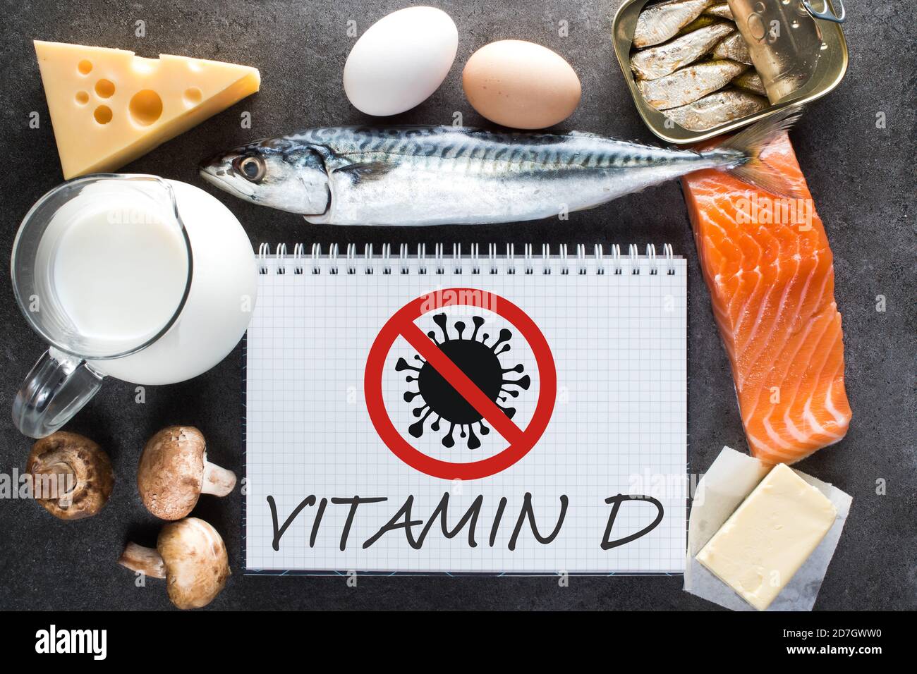 Una dieta rica en vitamina D y resistencia a los virus. Fuentes naturales de vitamina D en los alimentos Foto de stock