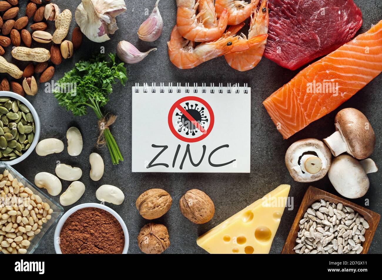 Una dieta rica en zinc y resistencia a los virus. Fuentes naturales de zinc en los alimentos Foto de stock
