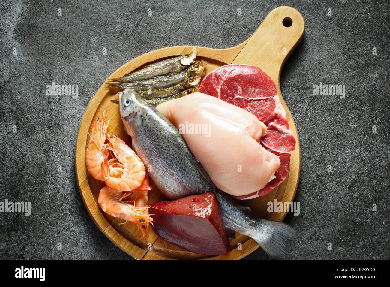 Fuentes de proteínas animales - carne, pescado, mariscos Foto de stock
