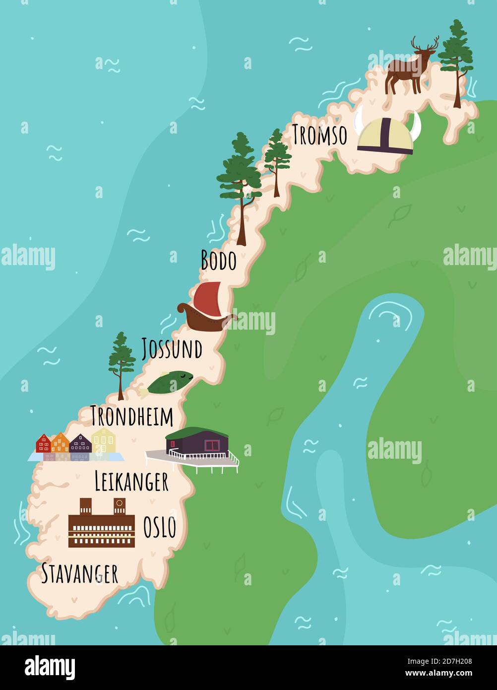 Mapa Estilizado De Noruega Mapa De Dibujos Animados Con Ilustración De Viajes Monumentos 5851