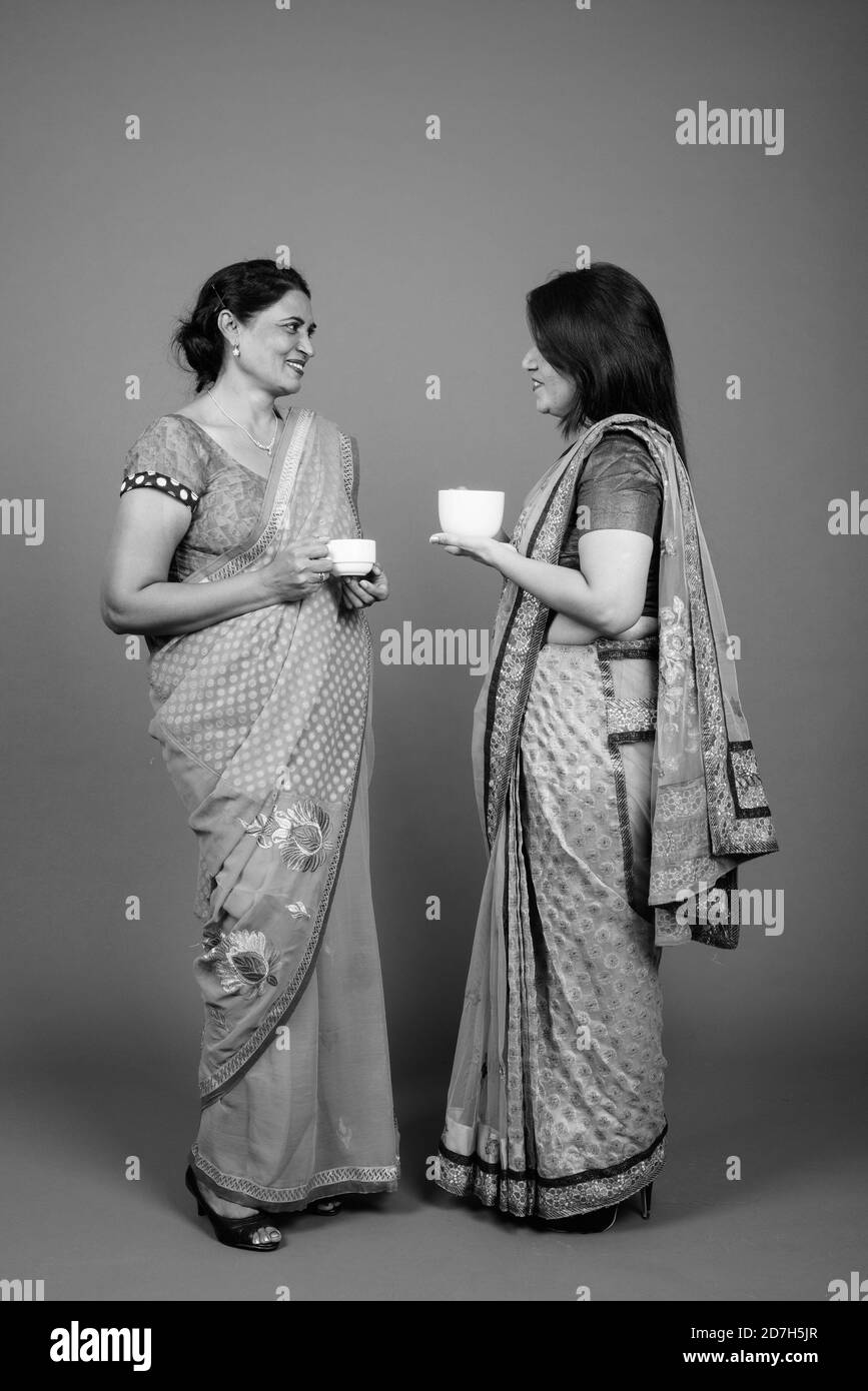 Dos mujeres indias maduras que visten ropa tradicional de la India Sari juntas Foto de stock