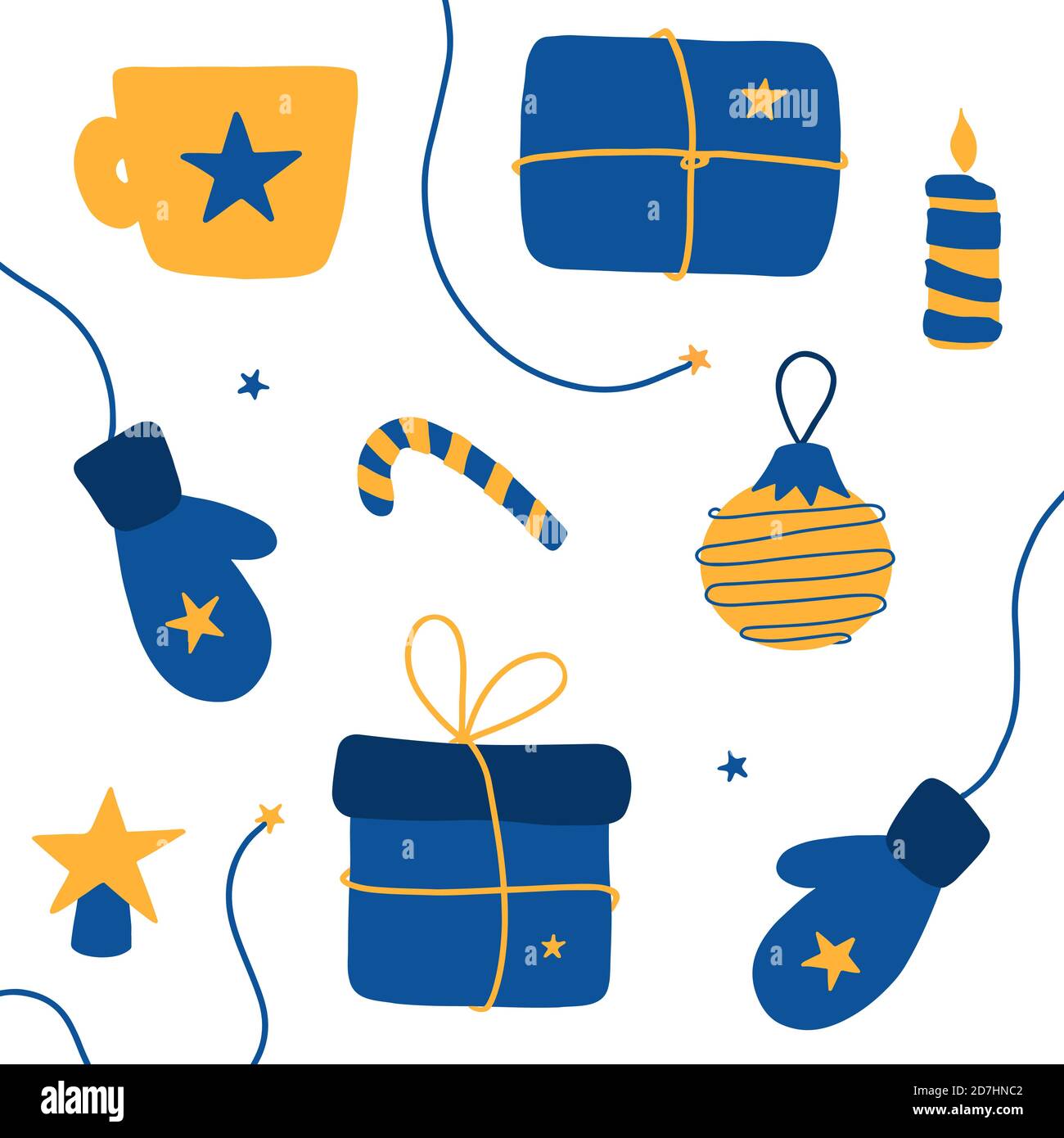 Un conjunto de ilustraciones de vectores de Navidad. Regalos dibujados a mano, copa, vela, manoplas, pelota, caramelos. Ilustración del Vector