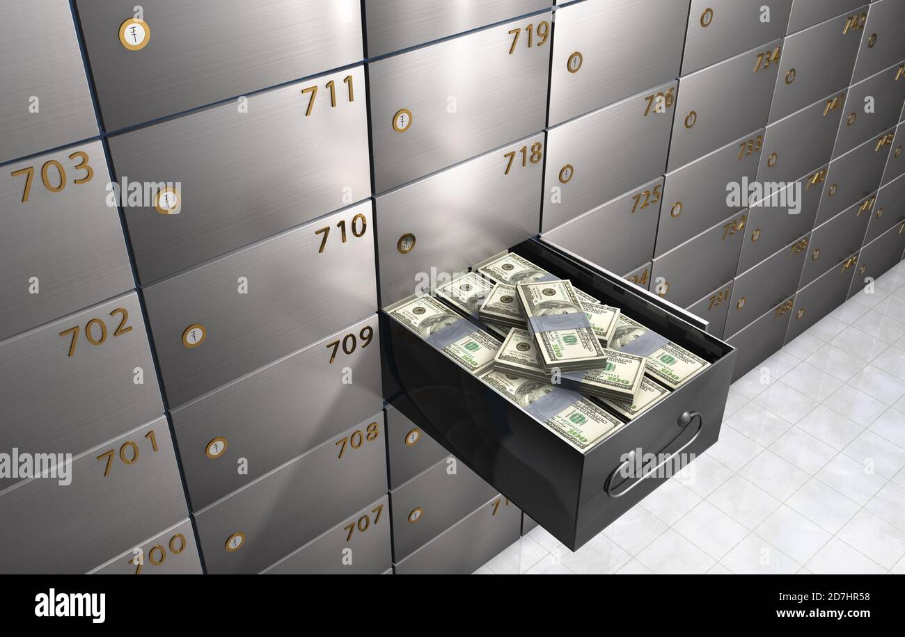 3D que representa una caja de seguridad bancaria llena de dinero Fotografía  de stock - Alamy