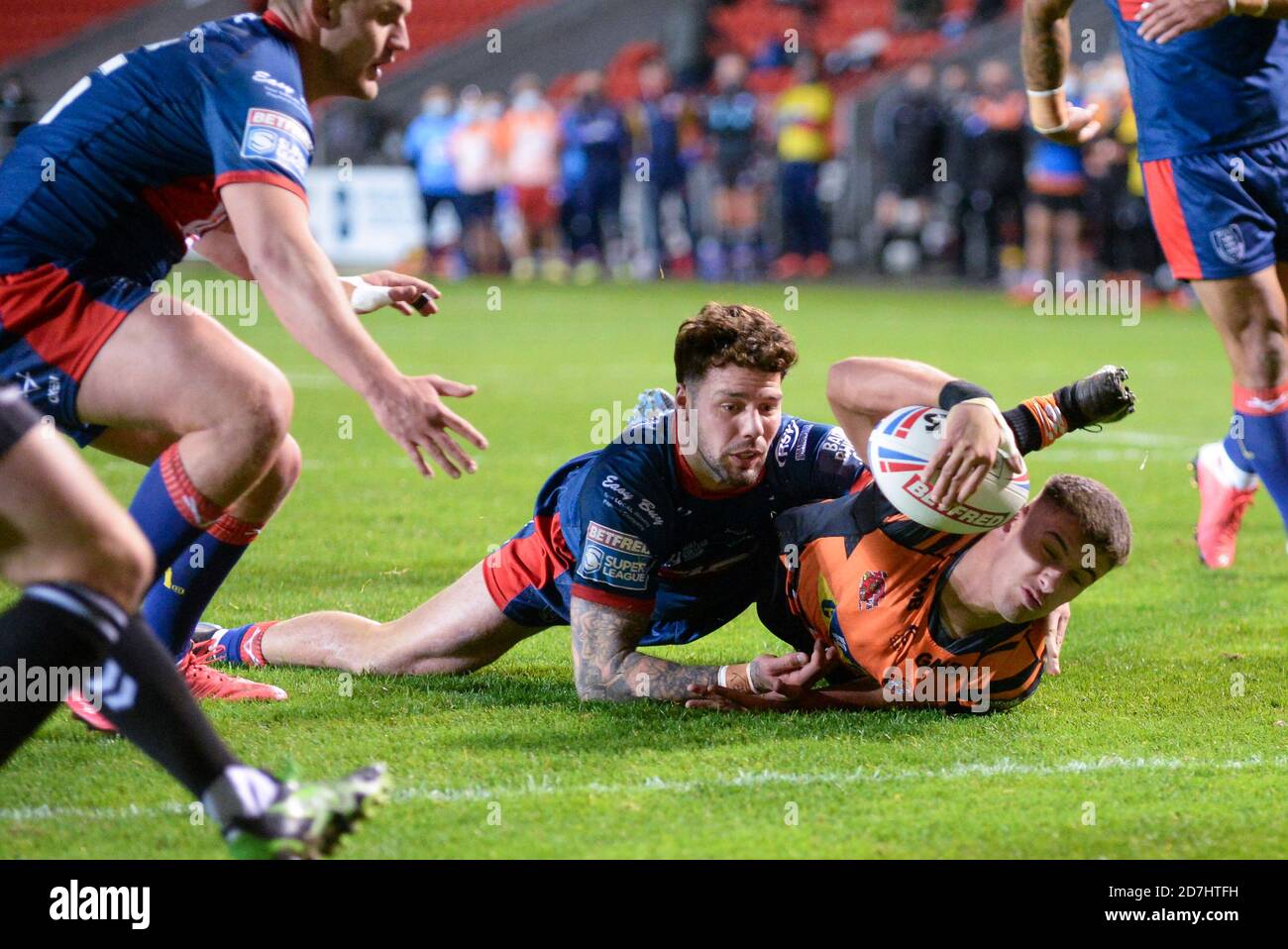 Jacques o'Neill de Castleford ha sido una prueba durante el partido Betfred Super League entre Castleford Tigers y Hull KR en el Totally Wicked Stadium, S. Foto de stock