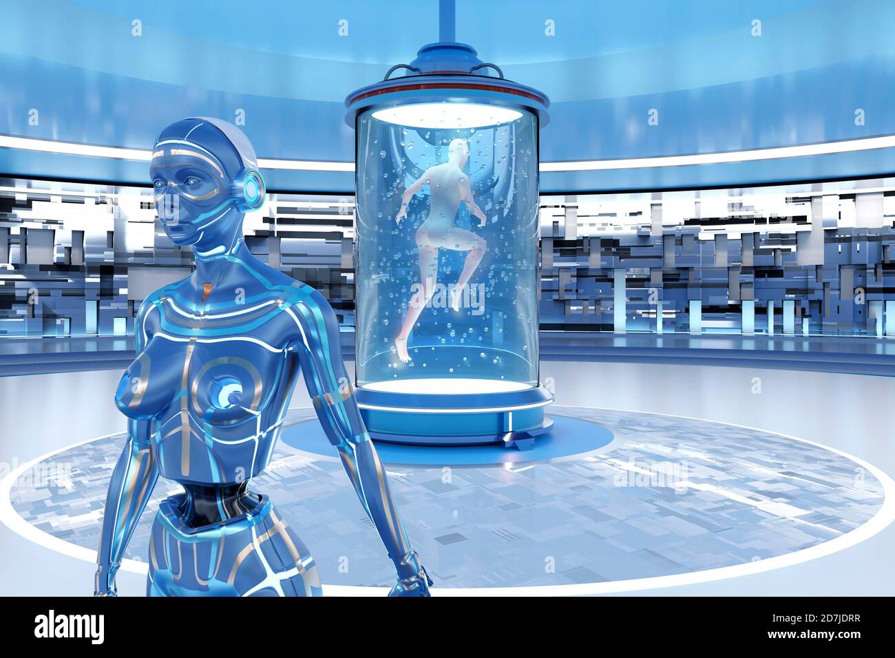 3D renderizado Ilustración de la mujer dejando su cuerpo detrás y. transfiriendo su conciencia al gynoid en el tanque de regeneración Foto de stock