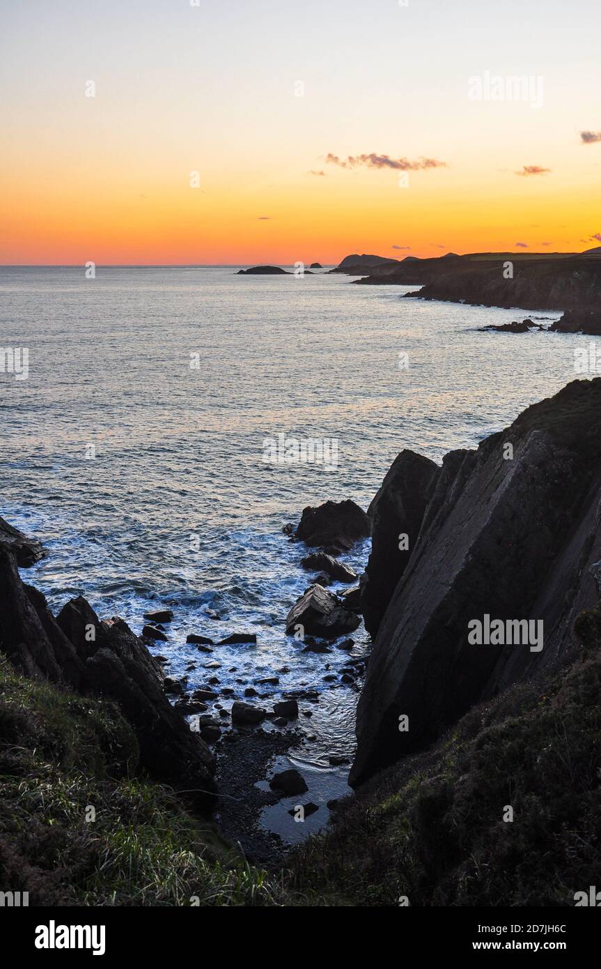 Acantilados costeros oscuros y claros entre St Non's y Caerfai Bay, Pembrokeshire, Gales, Reino Unido Foto de stock