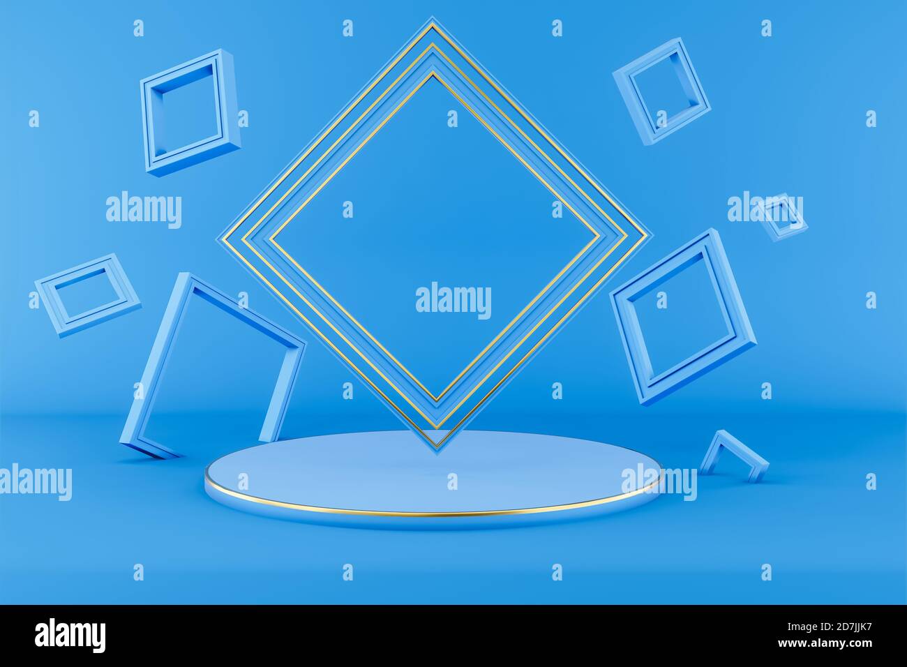 Diseño minimalista con espacio vacío o maqueta para podio, color azul abstracto forma geométrica fondo, renderizado en 3d Foto de stock