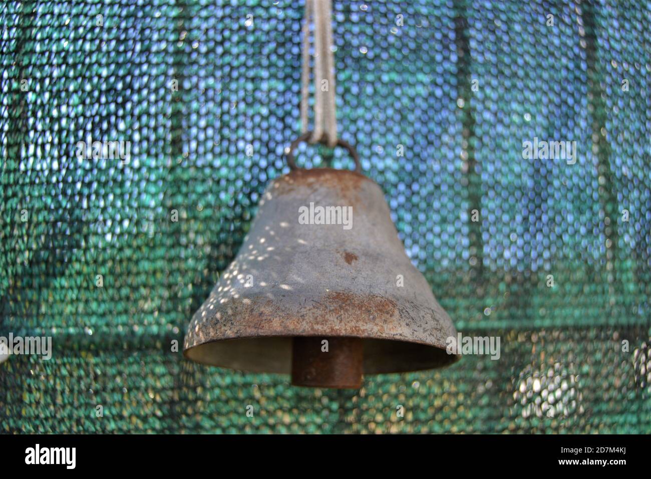 Timbre de puerta vintage colgado en la puerta. Timbre de la puerta de época  se mantiene en el fondo verde y colgado por una cuerda blanca Fotografía de  stock - Alamy