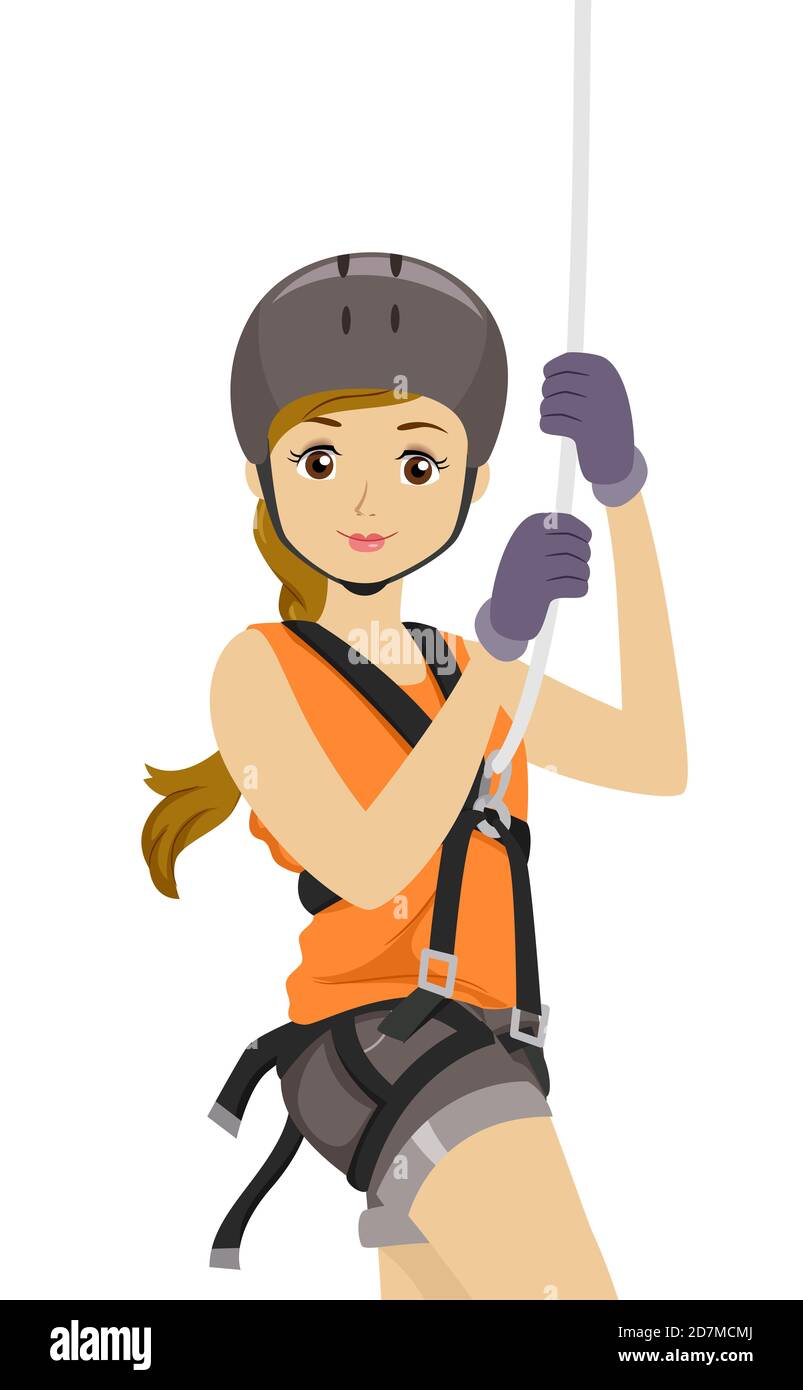 Ilustración de una niña adolescente que lleva casco y arnés de seguridad  Aferrarse a un cordón Fotografía de stock - Alamy