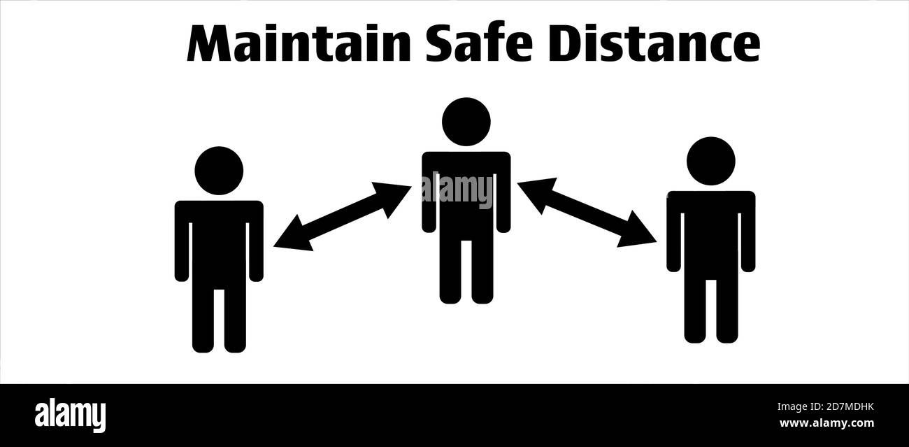 Concepto de distanciamiento social: Tres personas vector de iconos blanco y negro con flechas y palabras que separan a las personas para el coronavirus. Ilustración del Vector