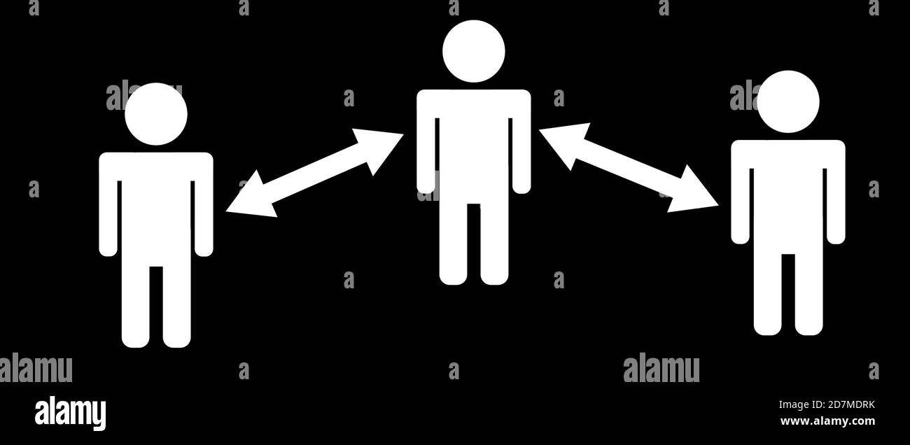 Concepto de distanciamiento social: Tres personas vector de iconos blanco y negro con flechas y palabras que separan a las personas para el coronavirus. Ilustración del Vector