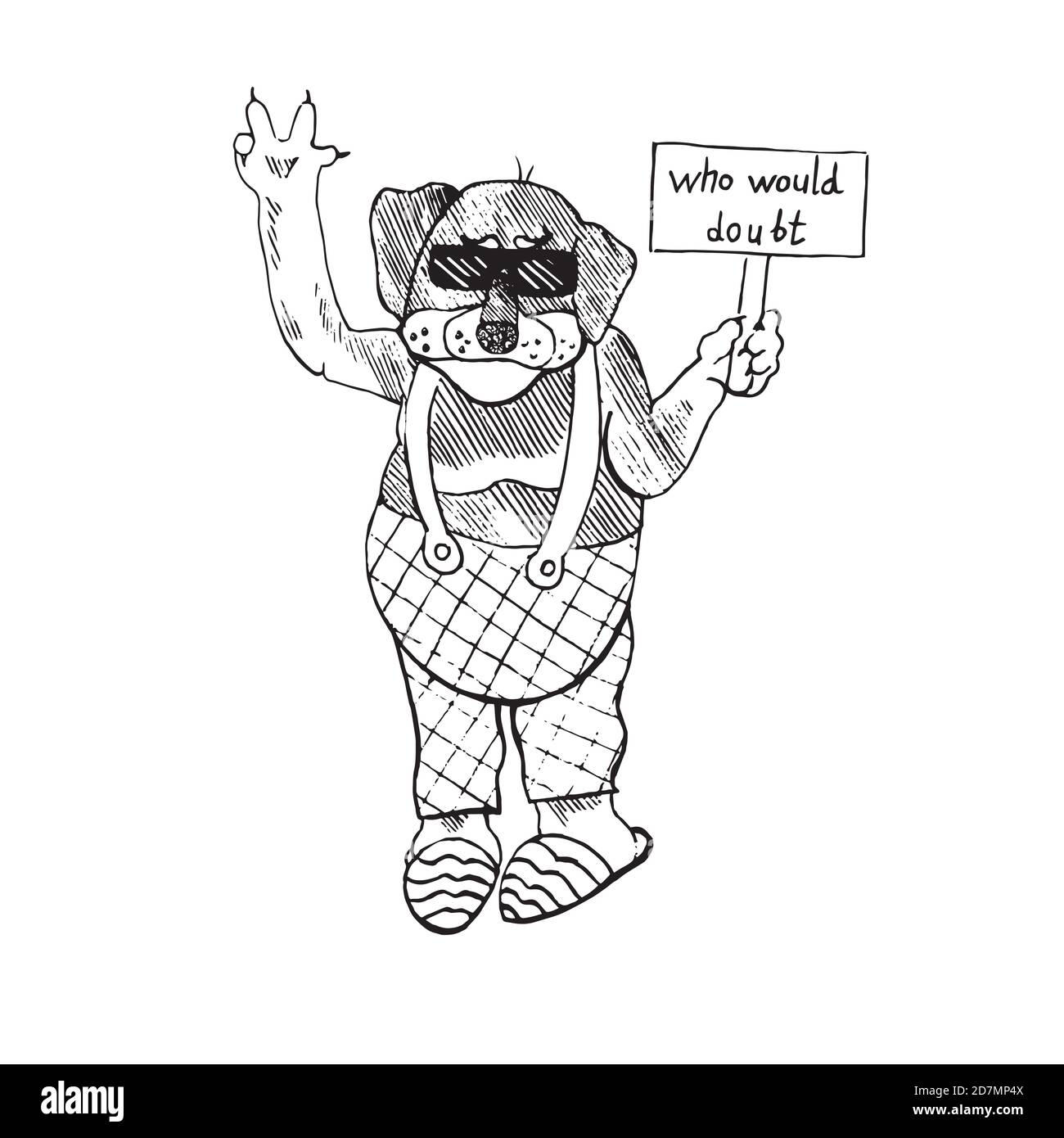 Personaje de dibujos animados de perro funky cerrado en overoles y pantuflas  en gafas de sol mostrando la paz y sosteniendo la bandera que dudaría, a  mano dibujado doodle Fotografía de stock -