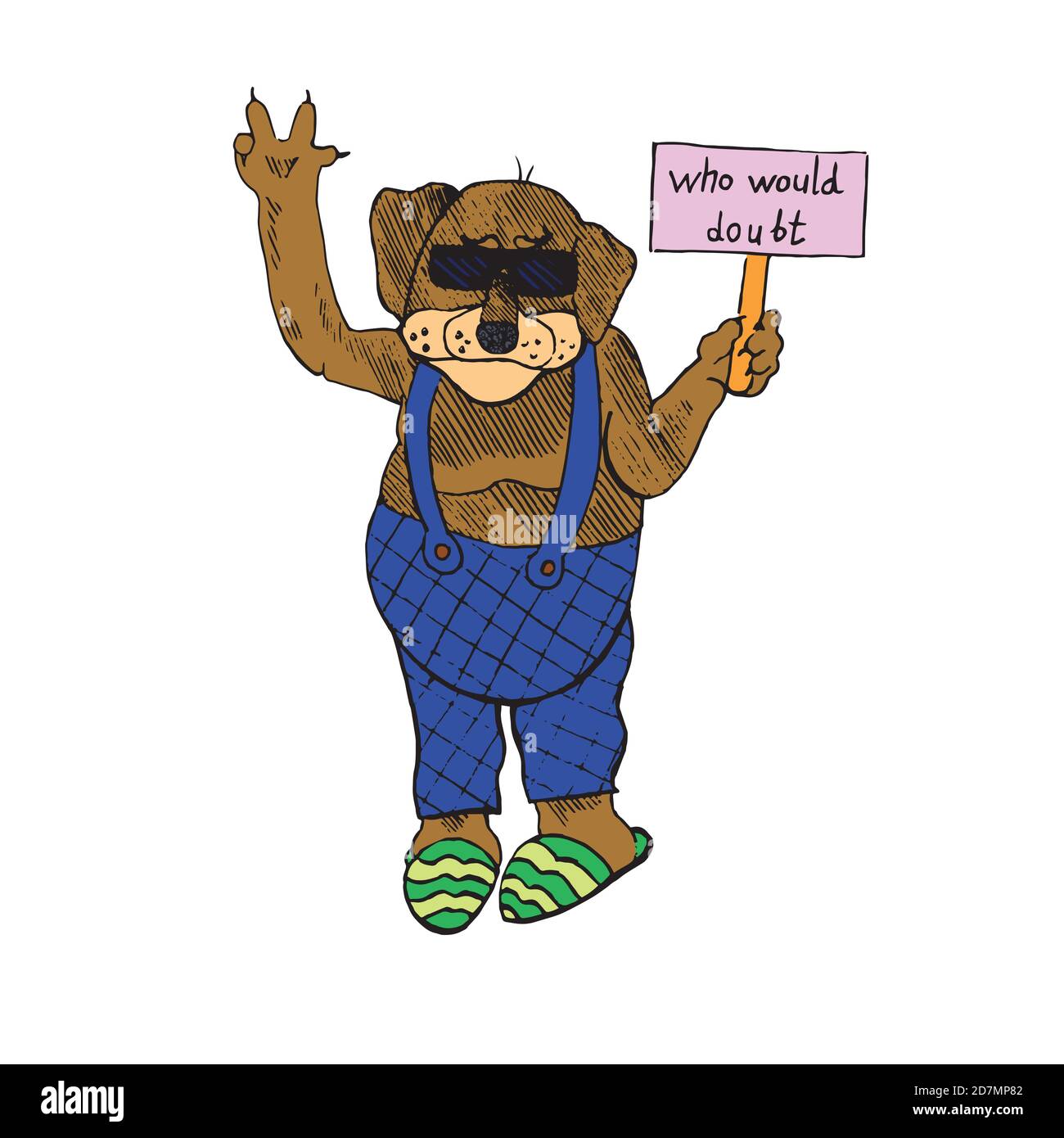 Personaje de dibujos animados de perro funky cerrado en overoles y pantuflas  en gafas de sol mostrando la paz y sosteniendo la bandera que dudaría, mano  dibujado fideos sketc Fotografía de stock -
