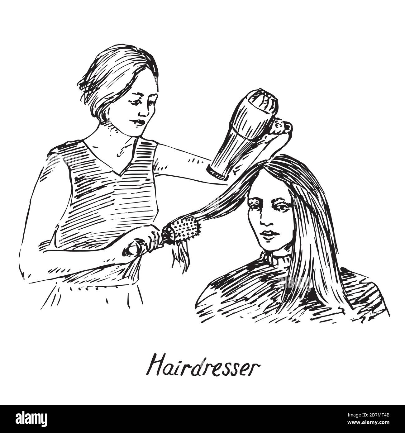 Peluquería en el trabajo, secado de pelo con cepillo redondo y secador de pelo, tallarines dibujados a mano, dibujo, ilustración en blanco y negro Foto de stock