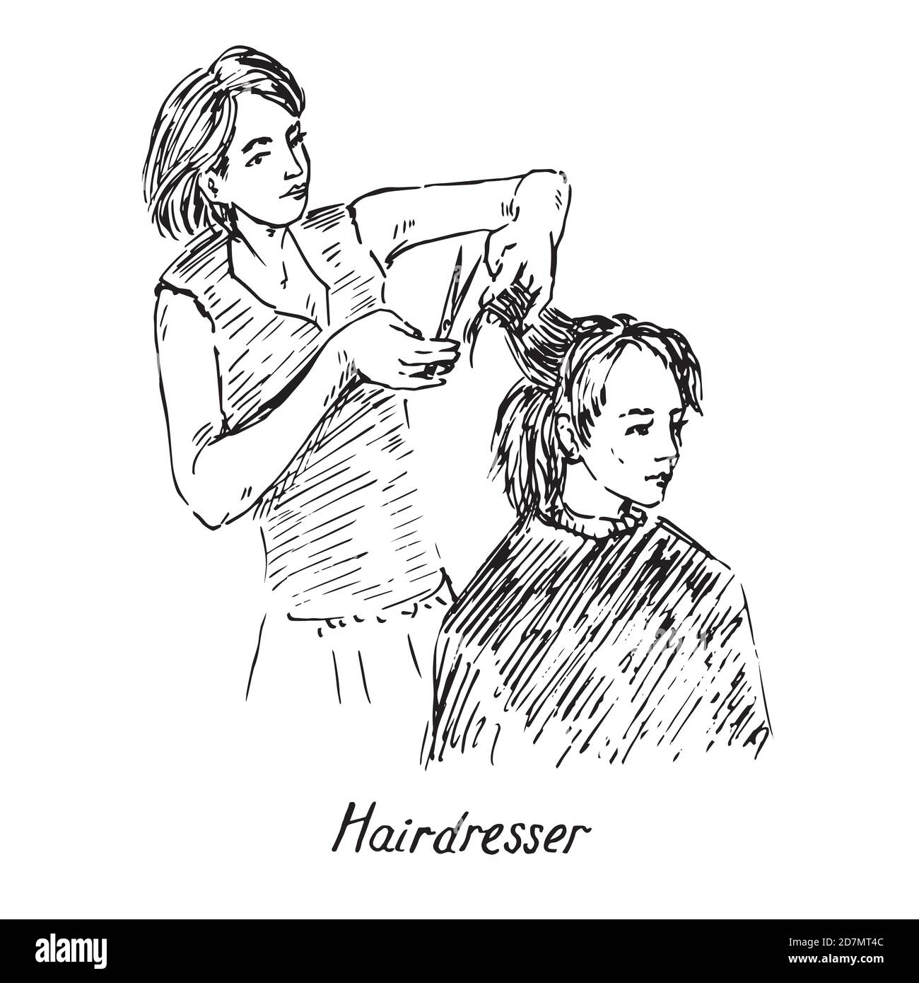 Peluquero en el trabajo, sostenga tijeras y prepárese para cortar el pelo, tallarines dibujados a mano, dibujo, ilustración en blanco y negro Foto de stock