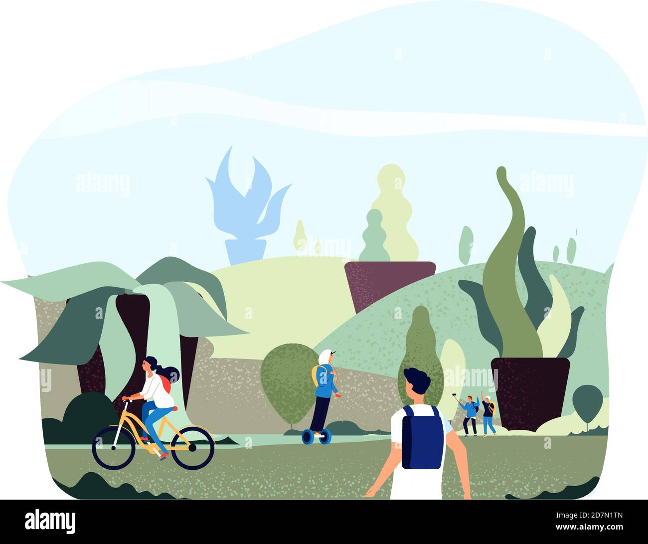 Personas en el parque de la ciudad. Libre verde gigante plantas personas caminar montar en bicicleta en eco urbano verano jardín de primavera estilo de vida saludable vector concepto. Ilustración de deportes al aire libre en el parque de la ciudad Ilustración del Vector