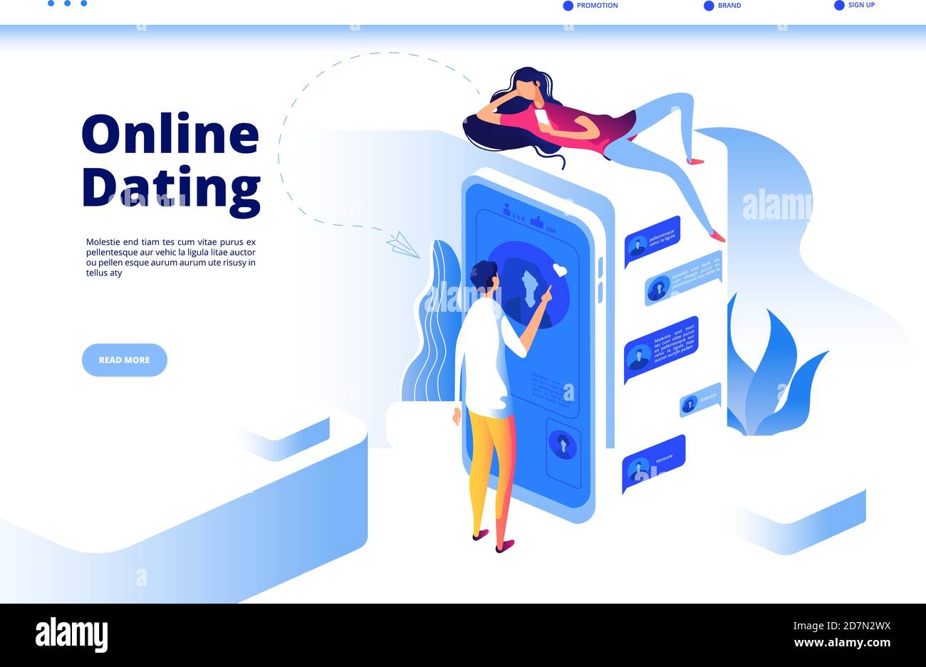 Citas en línea. Niño texting chica citas con teléfono mujer hablando con hombre smartphone virtual pareja amor chat fecha vector página. Citas digitales niña y niño, mujer hombre ilustración de comunicación en línea Ilustración del Vector