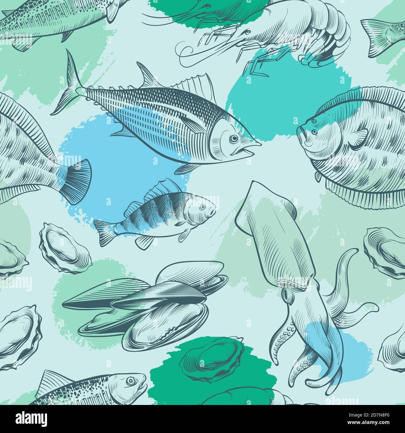 Patrón Sealife sin costuras con elementos de gruñido. Textura oceánica con pescado, concha, pulpo. Vector sealife patrón sin costuras, animales del océano, peces salvajes del mar ilustración Ilustración del Vector