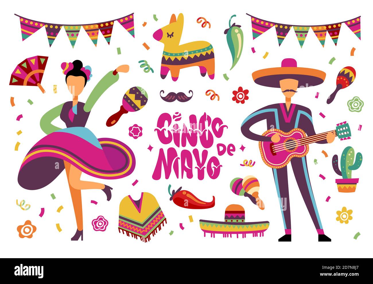 Fiesta de junio. Elementos de la fiesta mexicana o brasileña con dibujos  animados latinos. Vector conjunto de personas bailando en la fiesta de la  ilustración del festival mexicano Imagen Vector de stock -