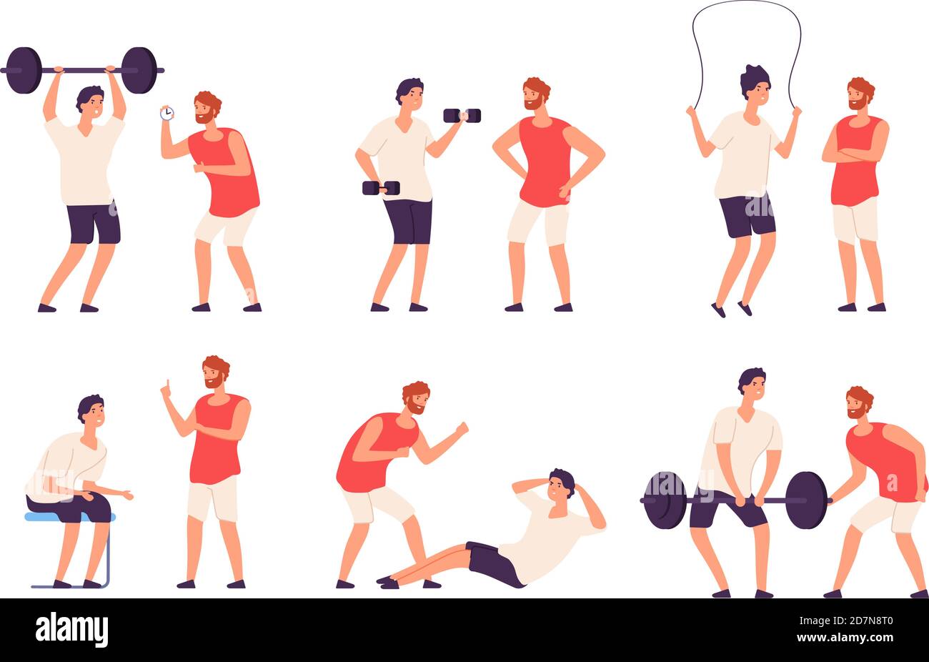 Entrenador de fitness. Entrenador personal masculino ayuda a hombre  culturista entrenamiento gimnasio aislado vector conjunto. Entrenador de  entrenamiento de gimnasio, entrenador de fitness instructor ilustración  Imagen Vector de stock - Alamy